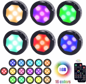 Under Cabinet Puck Lights with Color Changing Dimmable Lights, 3500K LED Stick on Lights with Timing for Display Cabinet, Black Battery Powered 6 Pack
