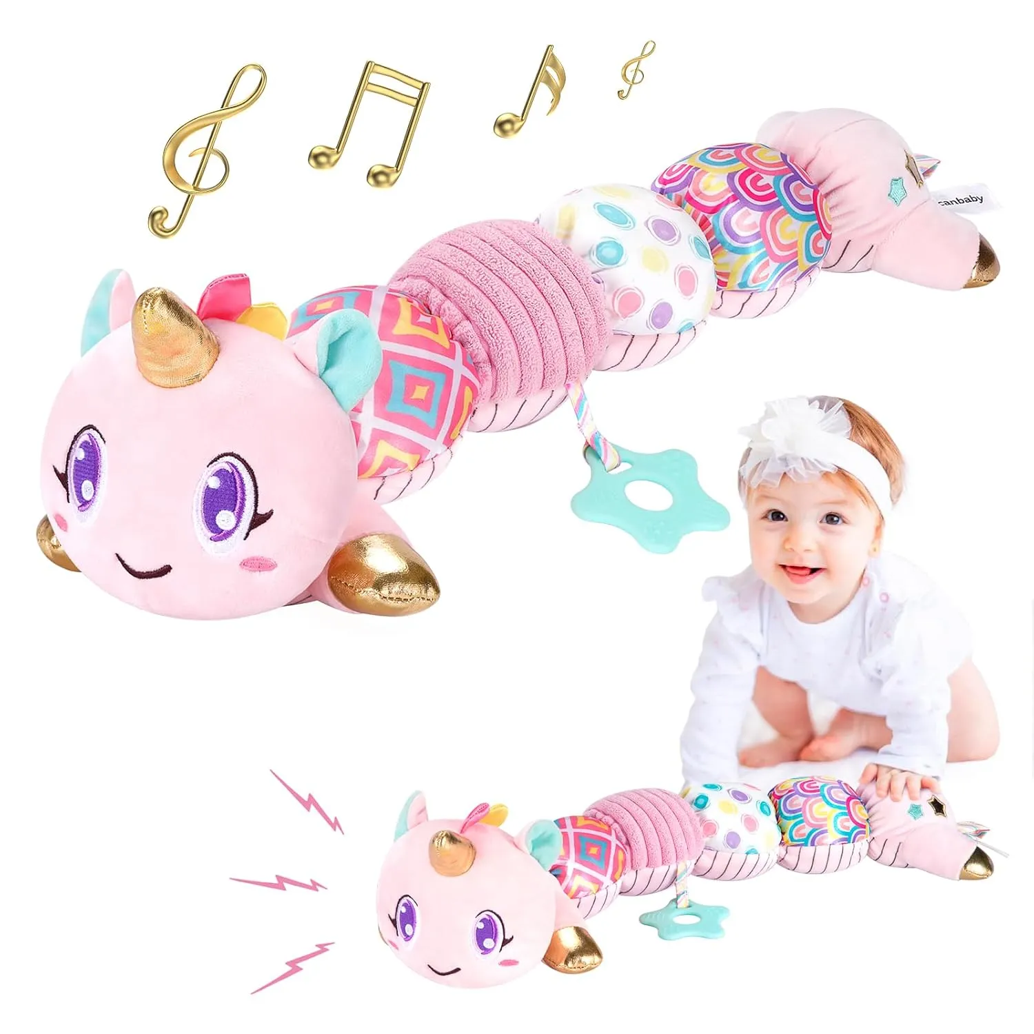 Unicorn Baby Toys 6-12 Months, Musical Infant Toys with Sensory Crinkle and Rattle for Tummy Time Newborn, Baby Girl Toy for 0-3-6-12  Months Old Infant Must Have Christmas Gifts - Pink