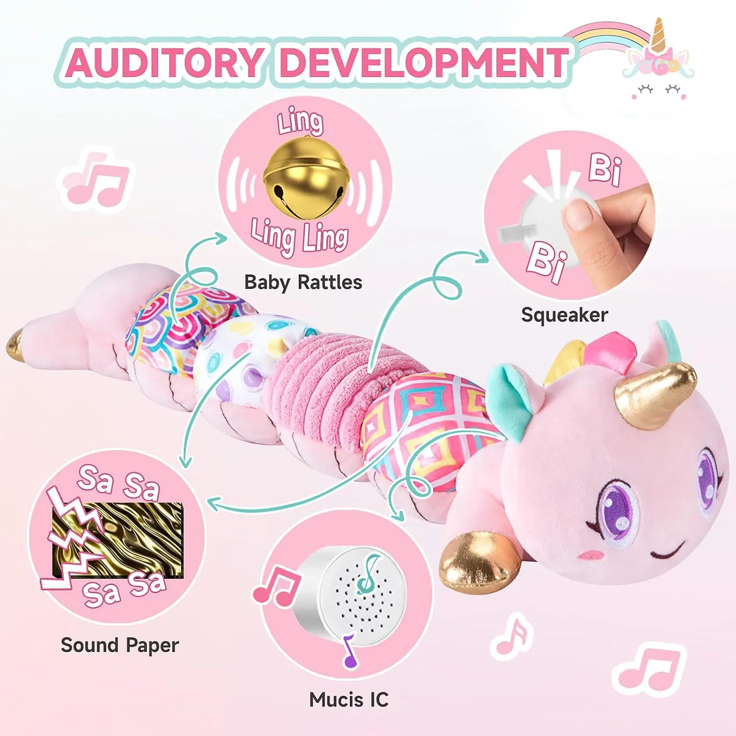 Unicorn Baby Toys 6-12 Months, Musical Infant Toys with Sensory Crinkle and Rattle for Tummy Time Newborn, Baby Girl Toy for 0-3-6-12  Months Old Infant Must Have Christmas Gifts - Pink