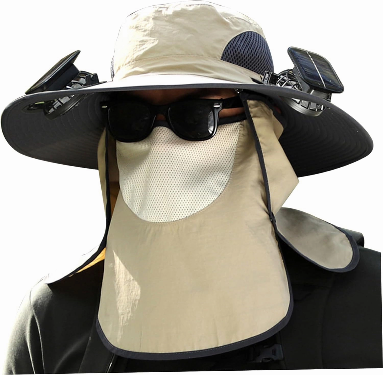UPF 50  Solar Powered Fan Hat, 3 Speeds Wide Brim Sun Hat, Solar & USB Charging Fan with Detachable Face Cover & Neck Flap, Adjustable Fishing for Men Women Summer, Khaki