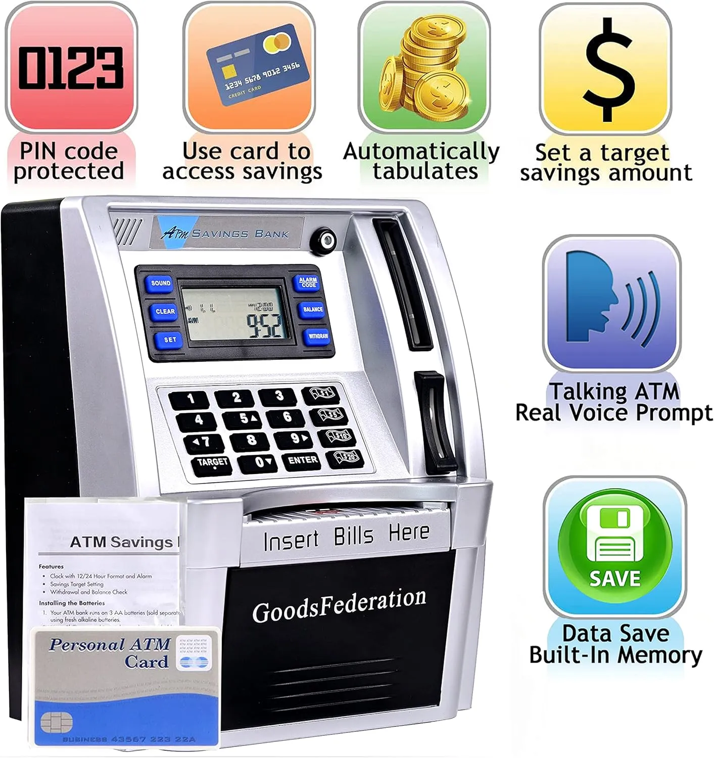 Upgraded Talking ATM Piggy Bank for Kids Adults,Toy Money Bank for Real Money with Voice Prompt,Data Save,Card,Saving Target,Balance Calculator,Electronic Money Safe Coin Box,Hot Gift for Boys Girls