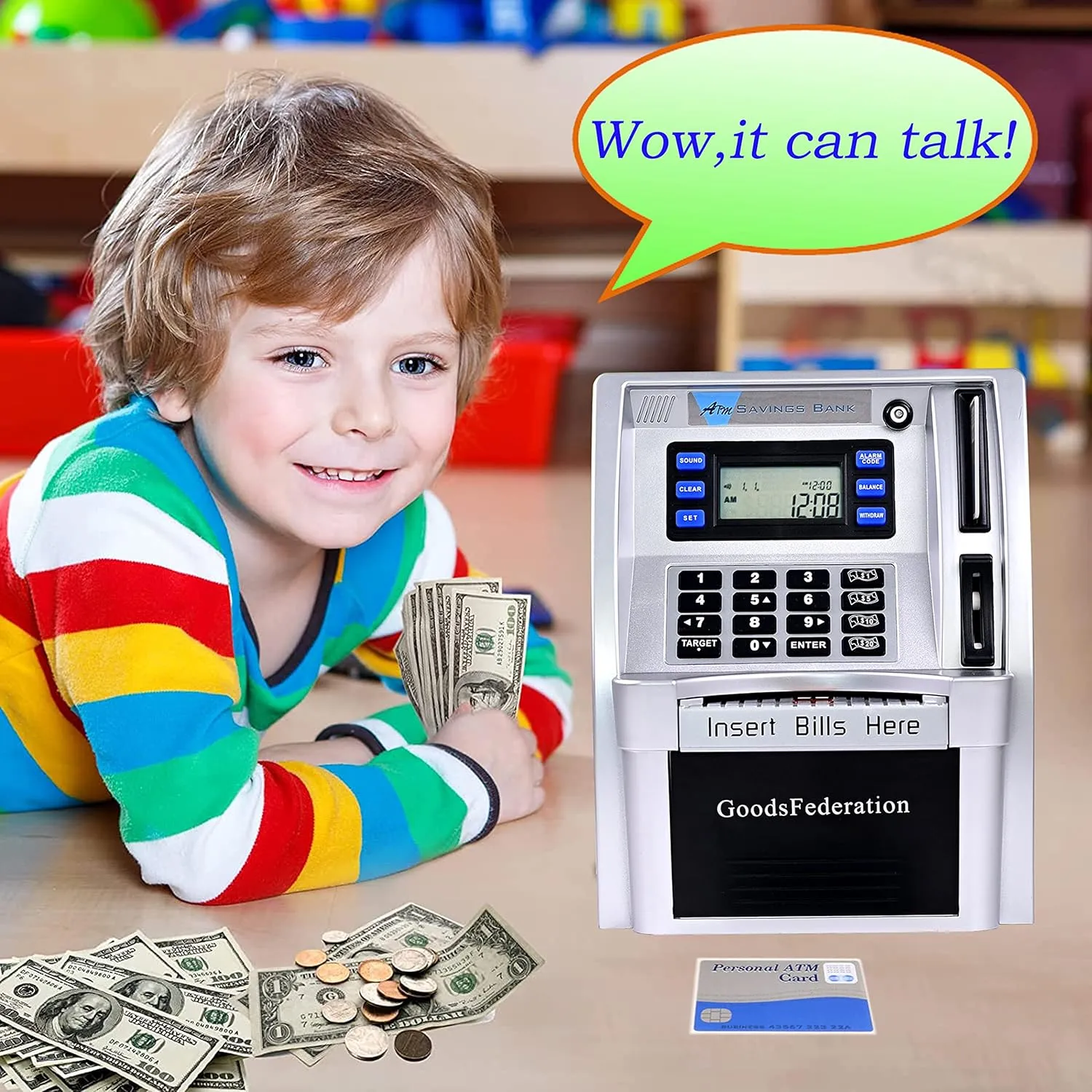 Upgraded Talking ATM Piggy Bank for Kids Adults,Toy Money Bank for Real Money with Voice Prompt,Data Save,Card,Saving Target,Balance Calculator,Electronic Money Safe Coin Box,Hot Gift for Boys Girls