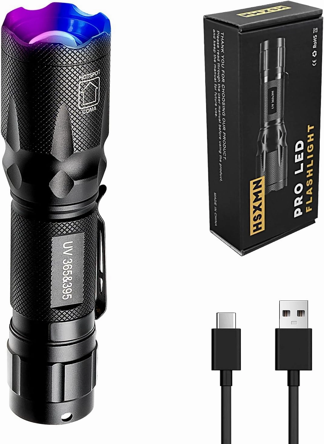 USB-C Rechargeable Ultraviolet Flashlight, 365nm 395nm Dual UV Flashlight, Blacklight Woods Lamp for Dog Urine Pet Stains, AC Leak Detection/Resin Curing, Uranium Glass, Scorpions Finder