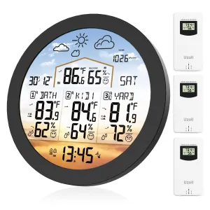 Uzoli EM3567 6.7" Round Wireless Weather Station with 3 Sensors Color Display Home Weather Stations Indoor Outdoor Thermometer with Atomic Clock Temperature Humidity Weather Forecast