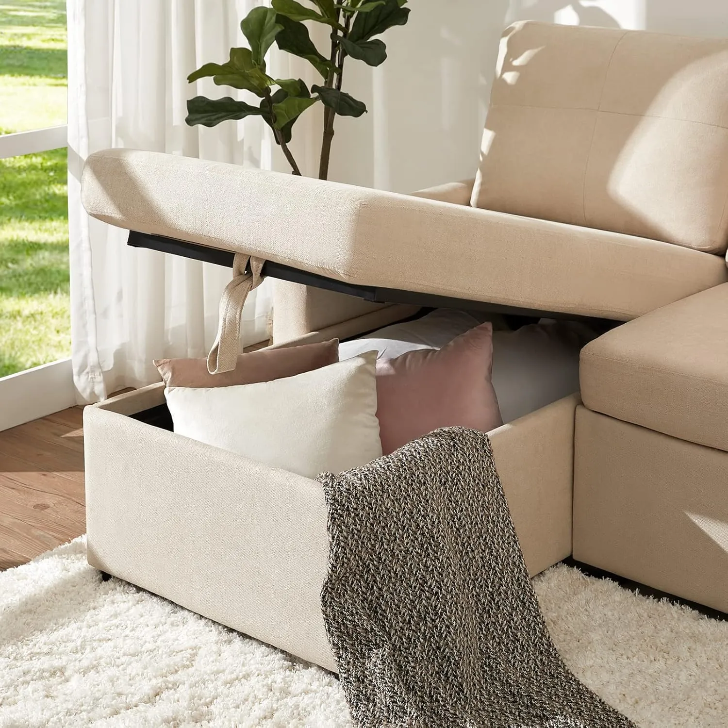 VanAcc Sleeper Sofa, Sofa Bed- 2 in 1 Pull Out Couch Bed with Storage Chaise for Living Room, Beige Chenille Couch