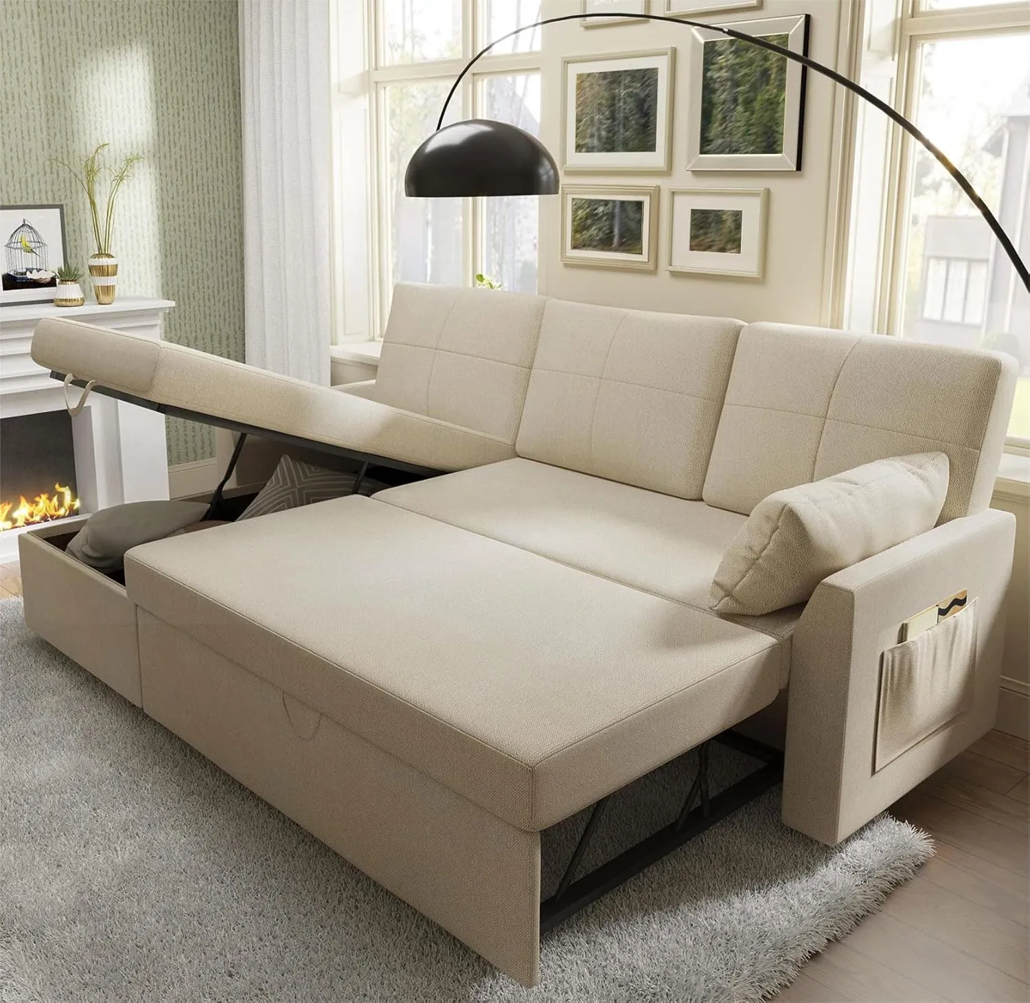 VanAcc Sleeper Sofa, Sofa Bed- 2 in 1 Pull Out Couch Bed with Storage Chaise for Living Room, Beige Chenille Couch