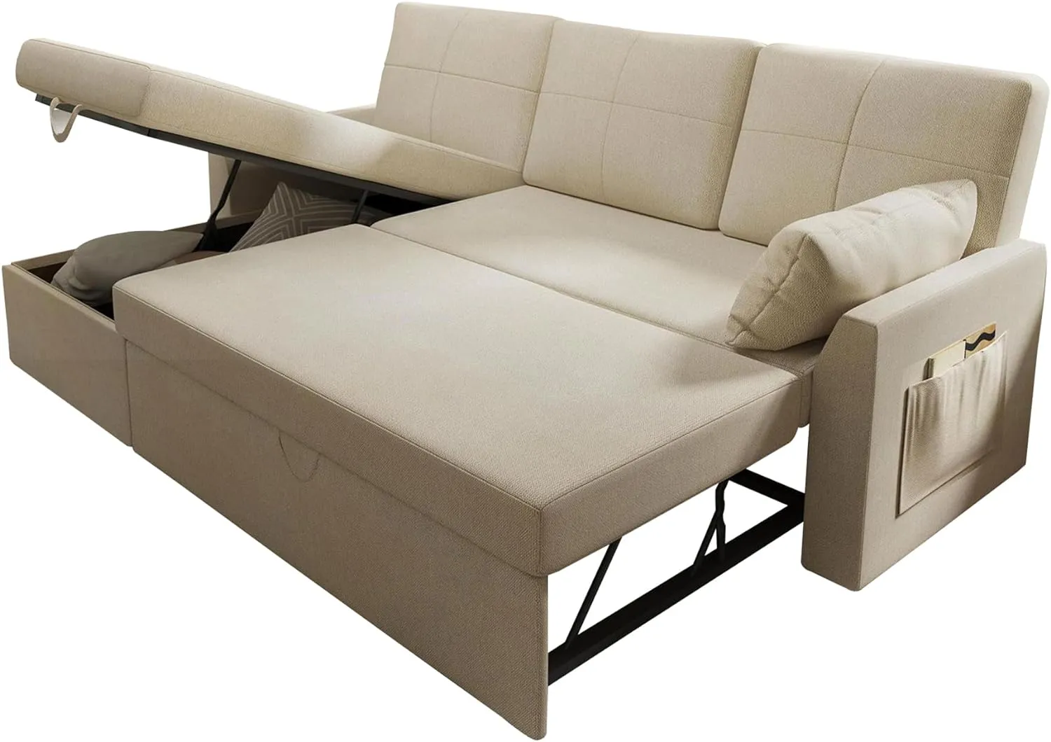 VanAcc Sleeper Sofa, Sofa Bed- 2 in 1 Pull Out Couch Bed with Storage Chaise for Living Room, Beige Chenille Couch