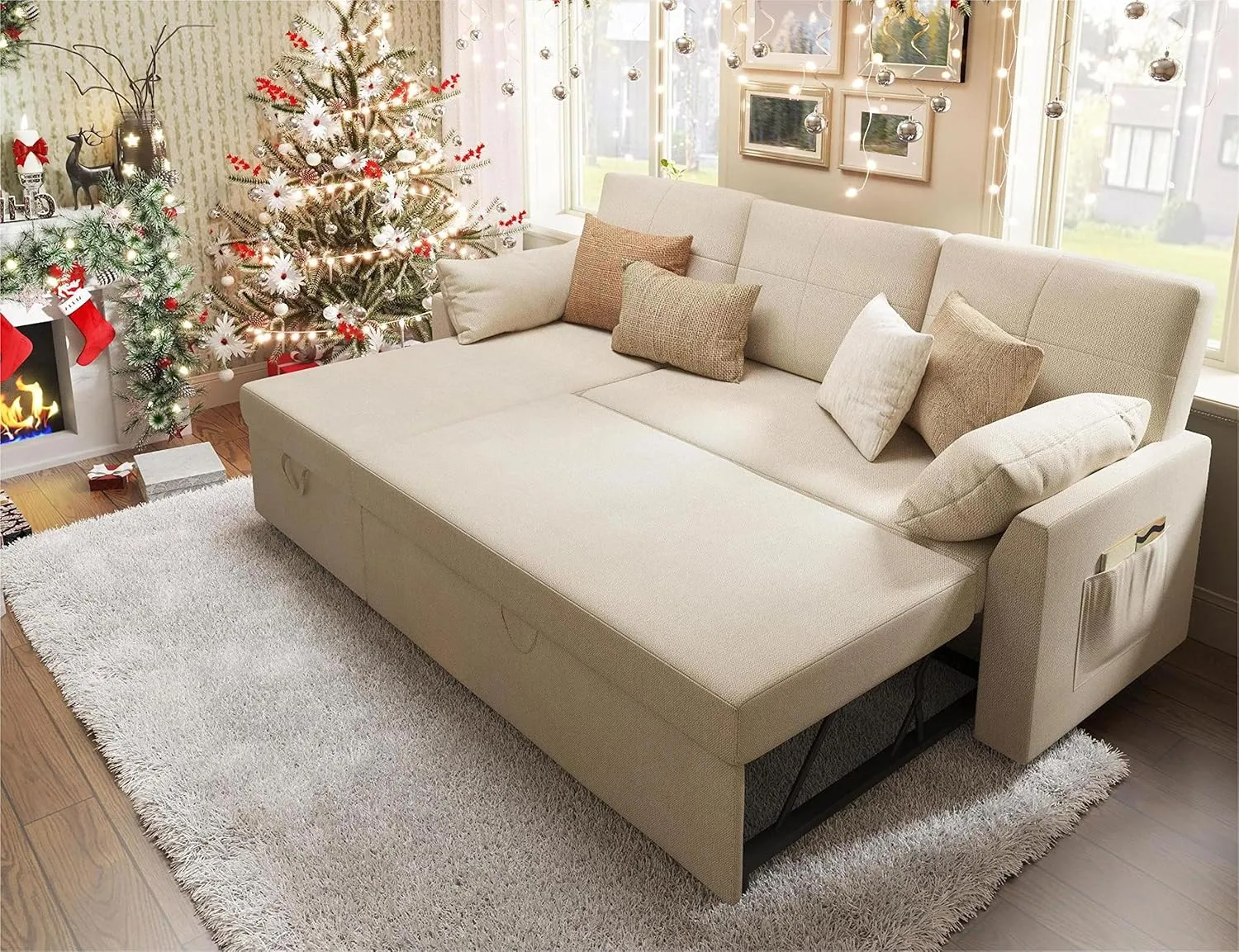 VanAcc Sleeper Sofa, Sofa Bed- 2 in 1 Pull Out Couch Bed with Storage Chaise for Living Room, Beige Chenille Couch
