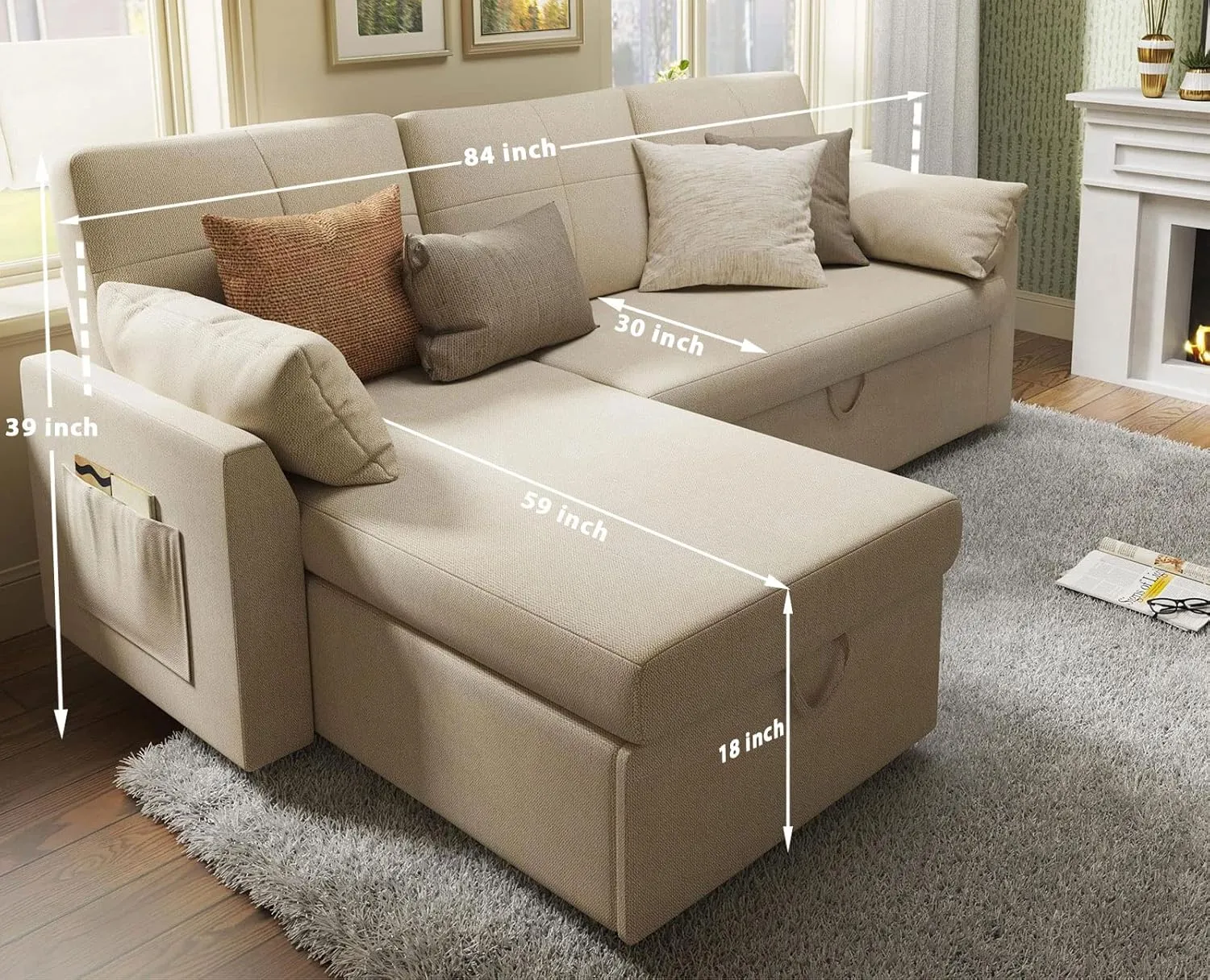 VanAcc Sleeper Sofa, Sofa Bed- 2 in 1 Pull Out Couch Bed with Storage Chaise for Living Room, Beige Chenille Couch