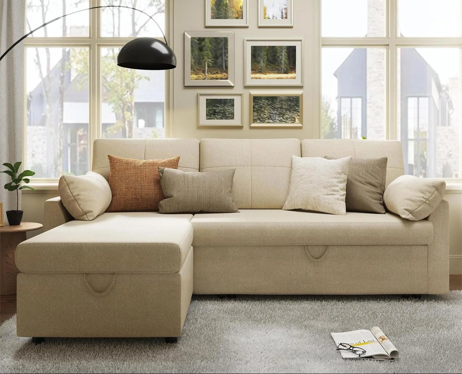 VanAcc Sleeper Sofa, Sofa Bed- 2 in 1 Pull Out Couch Bed with Storage Chaise for Living Room, Beige Chenille Couch
