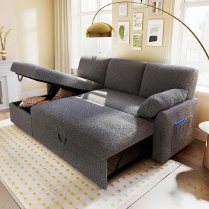 VanAcc Sofa Bed, Sleeper Sofa with Storage Chaise- 2 in 1 Pull Out Couch Living Room, Comfy Sleeper Couch, Grey Boucle