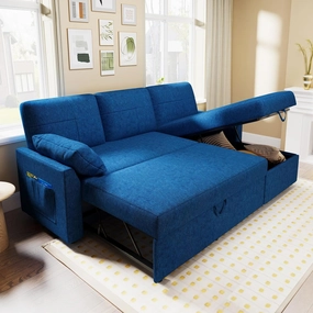 VanAcc Sleeper Sofa - 2 in 1 Pull Out Couch Bed with Storage Chaise for Living Room, Linen Blue