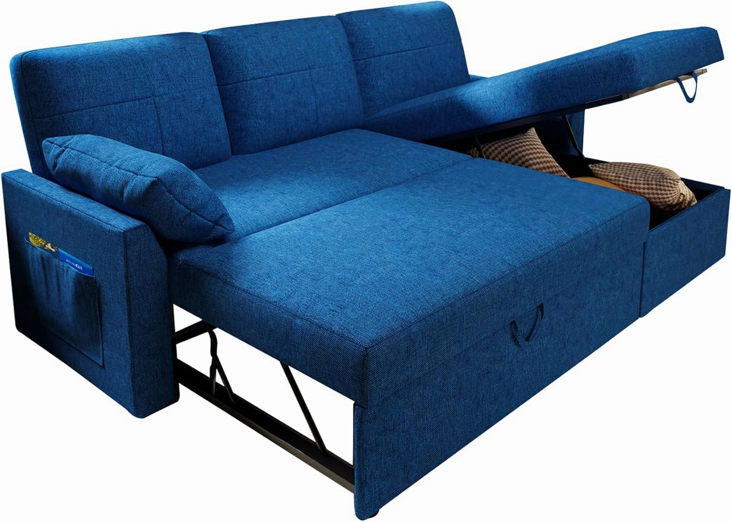 VanAcc Sleeper Sofa - 2 in 1 Pull Out Couch Bed with Storage Chaise for Living Room, Linen Blue