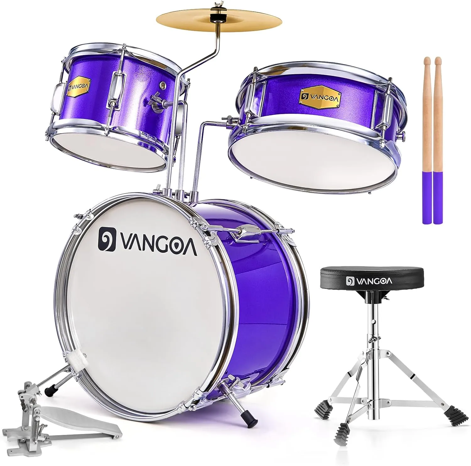 Vangoa Kids Drum Set 3-Piece for Beginner, 14" Junior Drums Kit w/Bass Tom Snare drum, Adjustable Throne Cymbal Pedal & Drumsticks, Complete Starter Drumset Full Bundle for Children Boys Ages 3-12