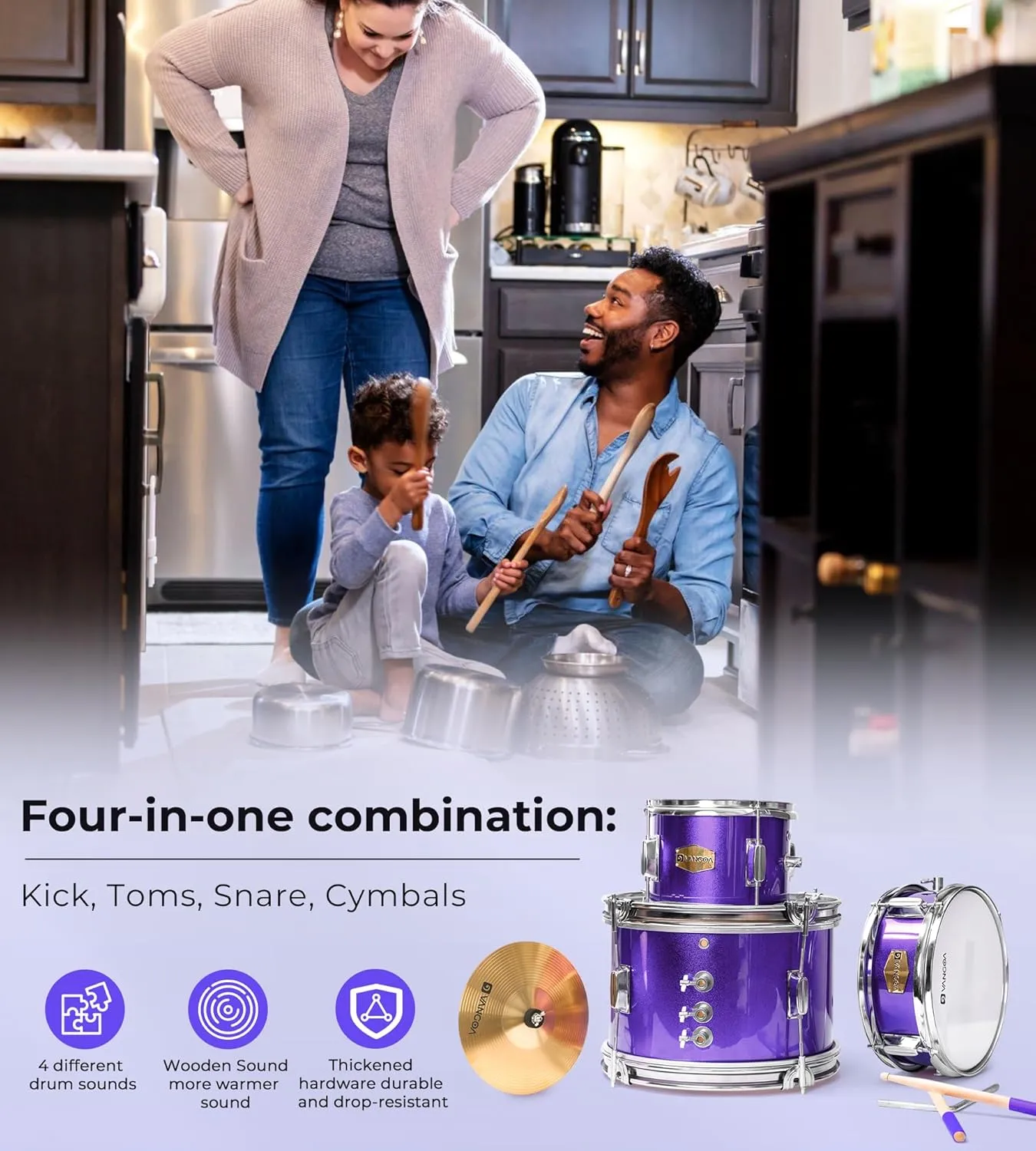 Vangoa Kids Drum Set 3-Piece for Beginner, 14" Junior Drums Kit w/Bass Tom Snare drum, Adjustable Throne Cymbal Pedal & Drumsticks, Complete Starter Drumset Full Bundle for Children Boys Ages 3-12