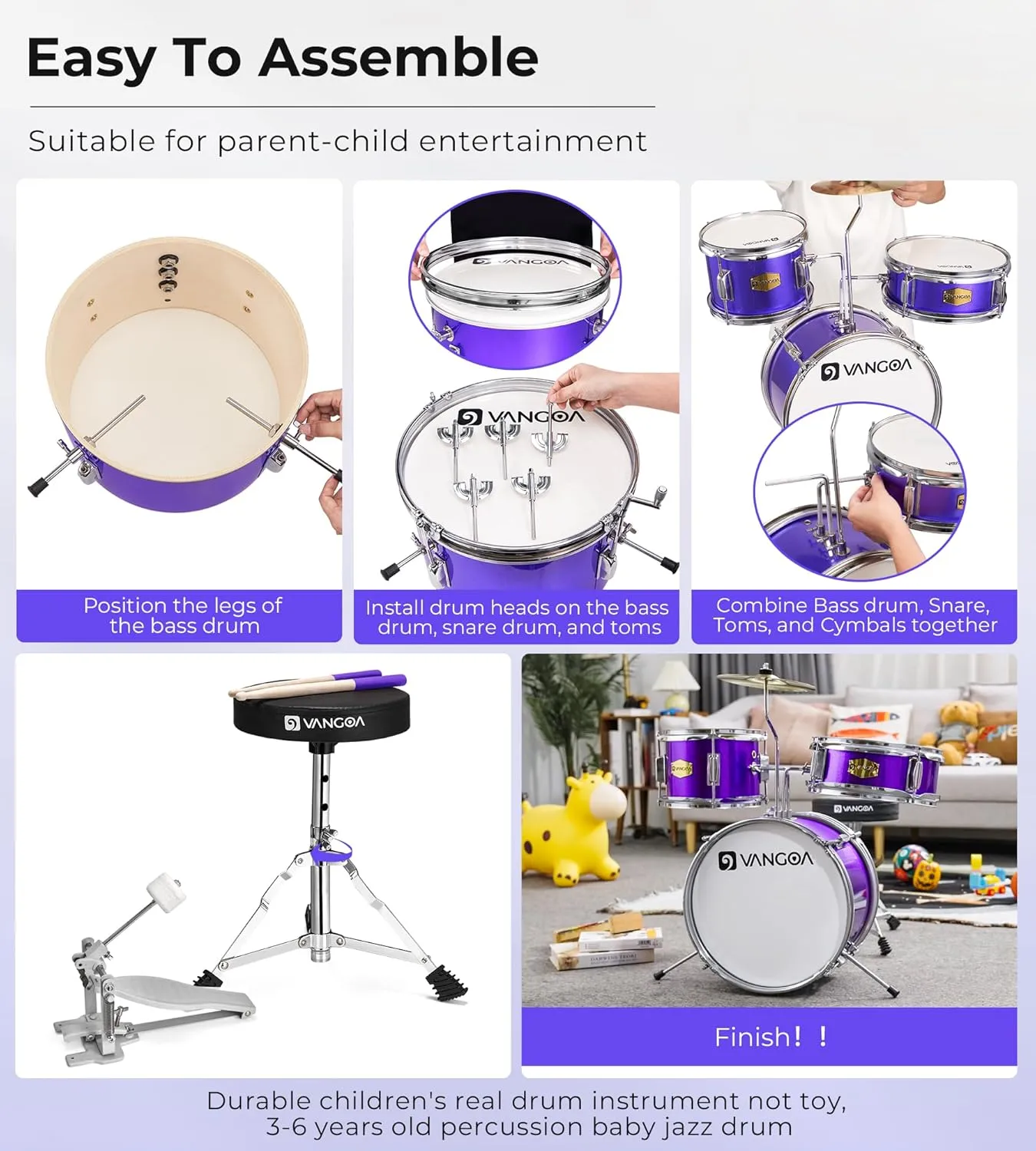 Vangoa Kids Drum Set 3-Piece for Beginner, 14" Junior Drums Kit w/Bass Tom Snare drum, Adjustable Throne Cymbal Pedal & Drumsticks, Complete Starter Drumset Full Bundle for Children Boys Ages 3-12