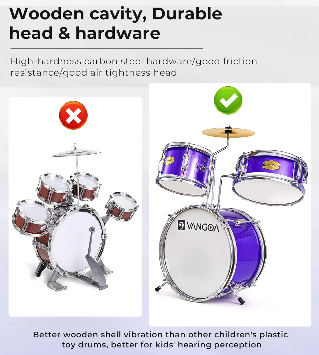 Vangoa Kids Drum Set 3-Piece for Beginner, 14" Junior Drums Kit w/Bass Tom Snare drum, Adjustable Throne Cymbal Pedal & Drumsticks, Complete Starter Drumset Full Bundle for Children Boys Ages 3-12