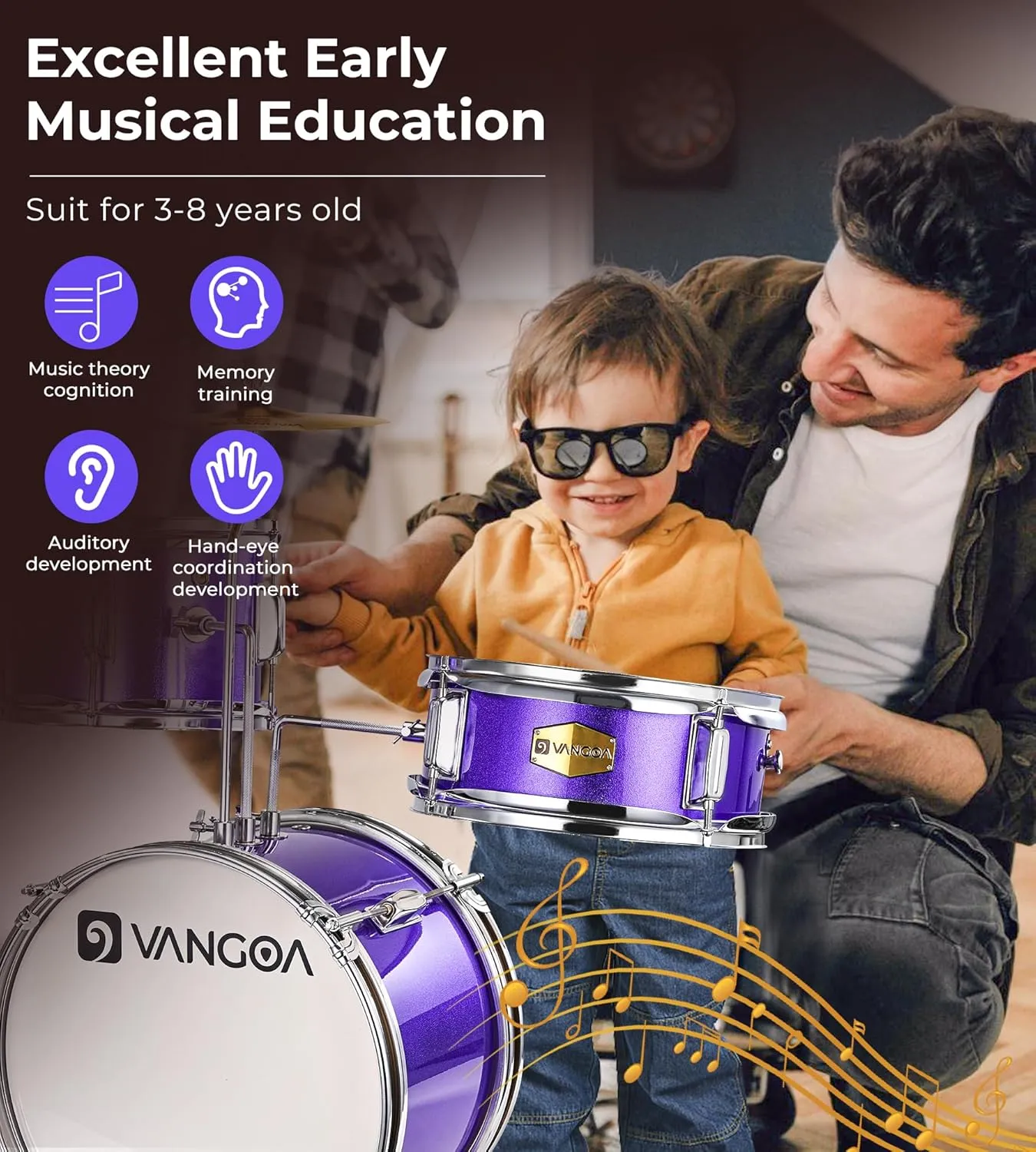Vangoa Kids Drum Set 3-Piece for Beginner, 14" Junior Drums Kit w/Bass Tom Snare drum, Adjustable Throne Cymbal Pedal & Drumsticks, Complete Starter Drumset Full Bundle for Children Boys Ages 3-12
