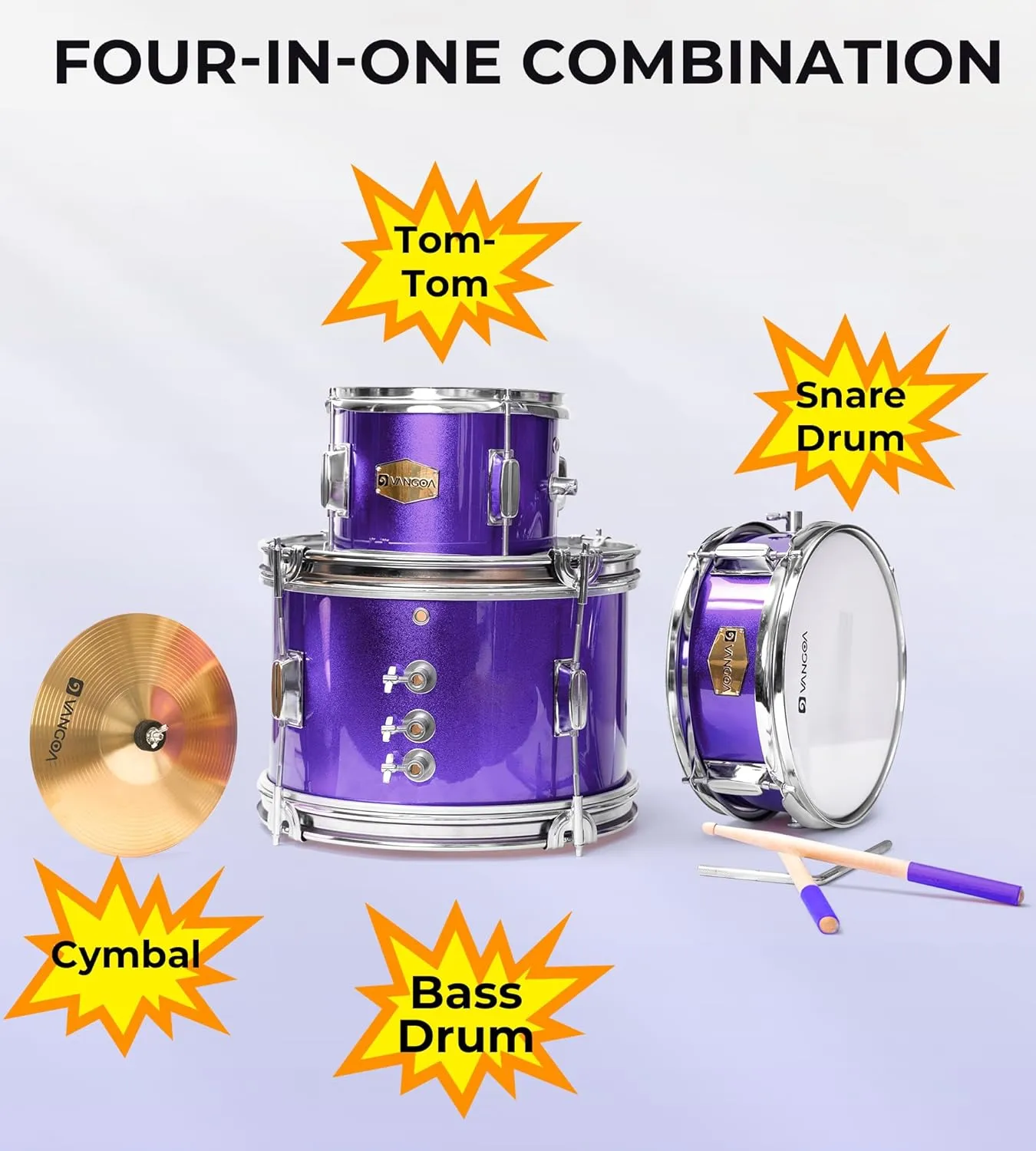Vangoa Kids Drum Set 3-Piece for Beginner, 14" Junior Drums Kit w/Bass Tom Snare drum, Adjustable Throne Cymbal Pedal & Drumsticks, Complete Starter Drumset Full Bundle for Children Boys Ages 3-12