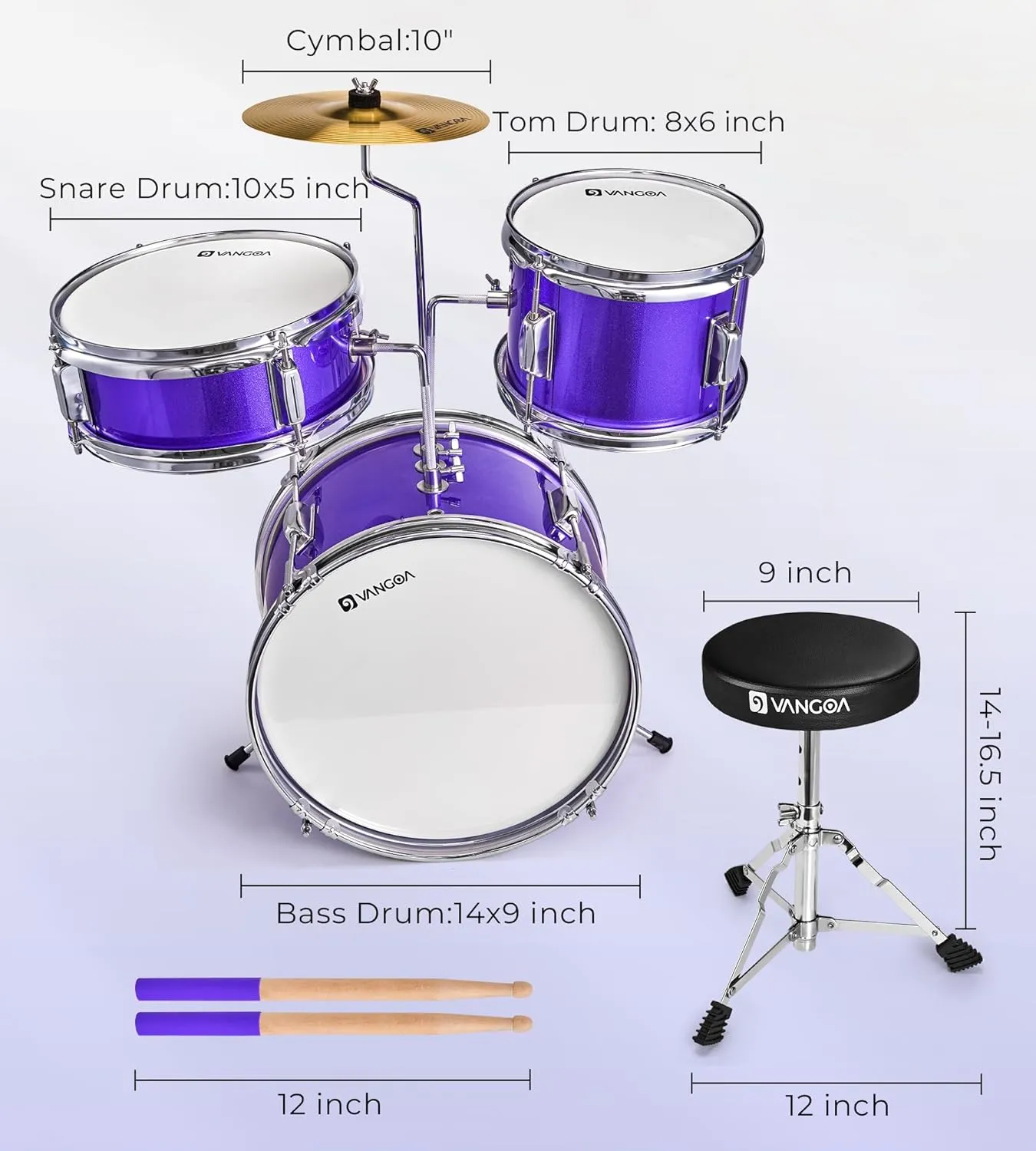 Vangoa Kids Drum Set 3-Piece for Beginner, 14" Junior Drums Kit w/Bass Tom Snare drum, Adjustable Throne Cymbal Pedal & Drumsticks, Complete Starter Drumset Full Bundle for Children Boys Ages 3-12