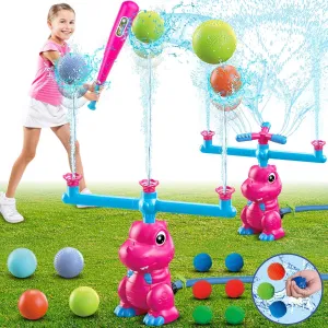 VATOS Water Sprinkler Baseball Outdoor Toy for Kids, 4 in 1 Dinosaur 360° Spin Sprinkler Water Tee-Ball & Ball, Summer Fun Play Games Outside Backyard Yard Garden Lawn for Toddlers Boys Girls
