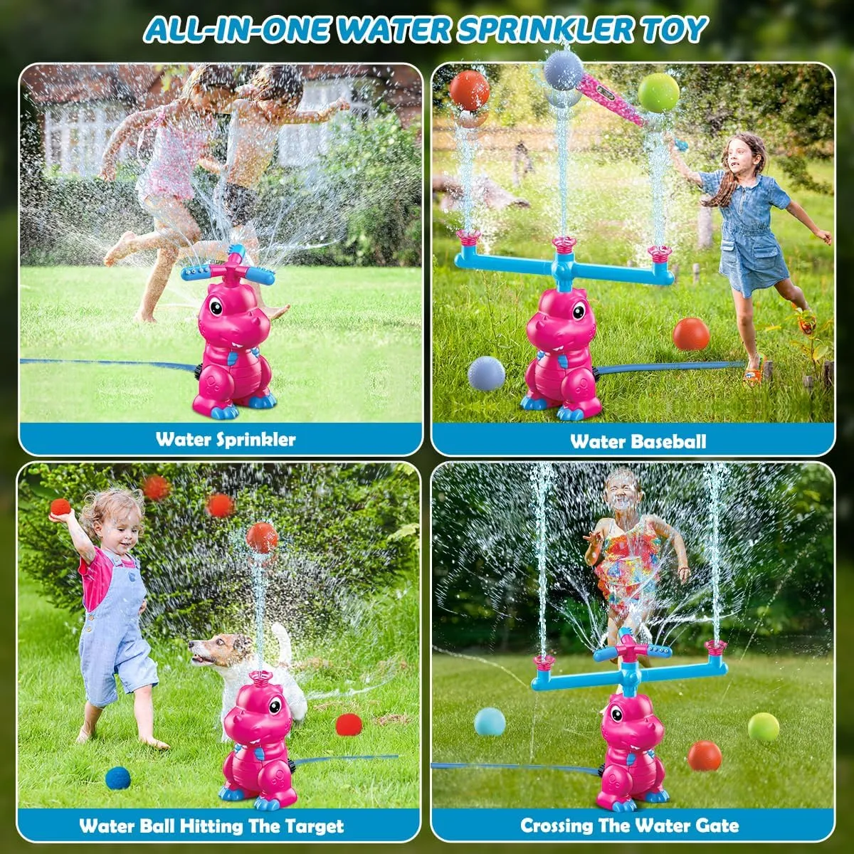 VATOS Water Sprinkler Baseball Outdoor Toy for Kids, 4 in 1 Dinosaur 360° Spin Sprinkler Water Tee-Ball & Ball, Summer Fun Play Games Outside Backyard Yard Garden Lawn for Toddlers Boys Girls