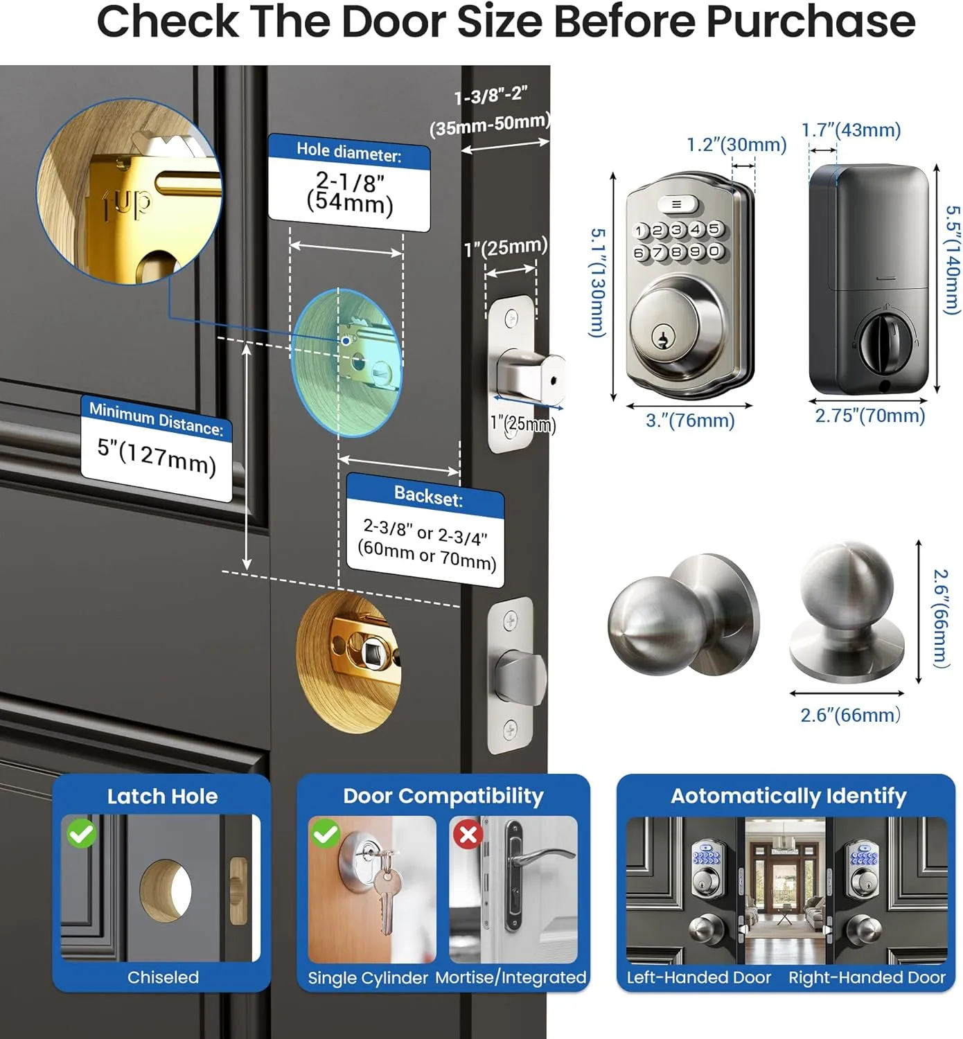 Veise Keyless Entry Door Lock with 2 Knobs, Electronic Backlit Keypad Deadbolt with Handle Set, Auto Lock, One-time Codes, Smart Deadbolt for Front Door, Easy Installation, Satin Nickel