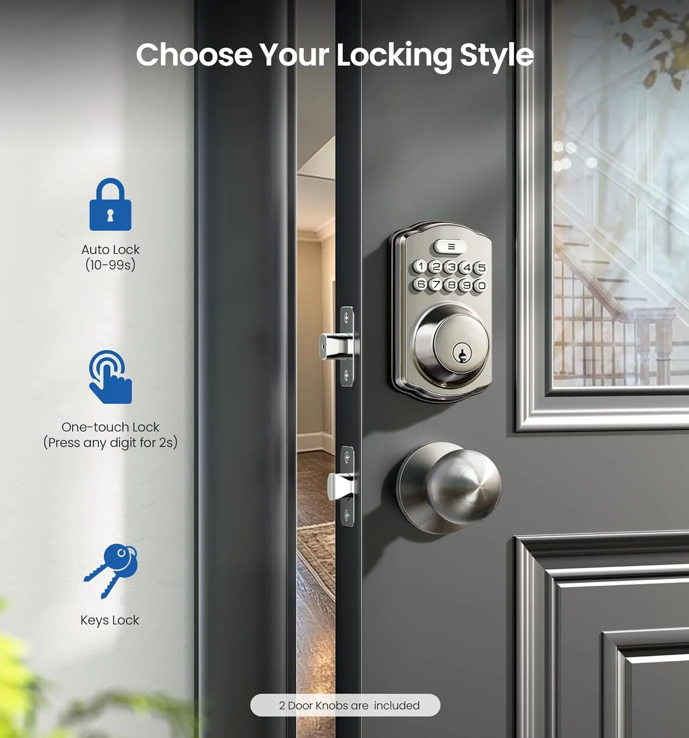 Veise Keyless Entry Door Lock with 2 Knobs, Electronic Backlit Keypad Deadbolt with Handle Set, Auto Lock, One-time Codes, Smart Deadbolt for Front Door, Easy Installation, Satin Nickel
