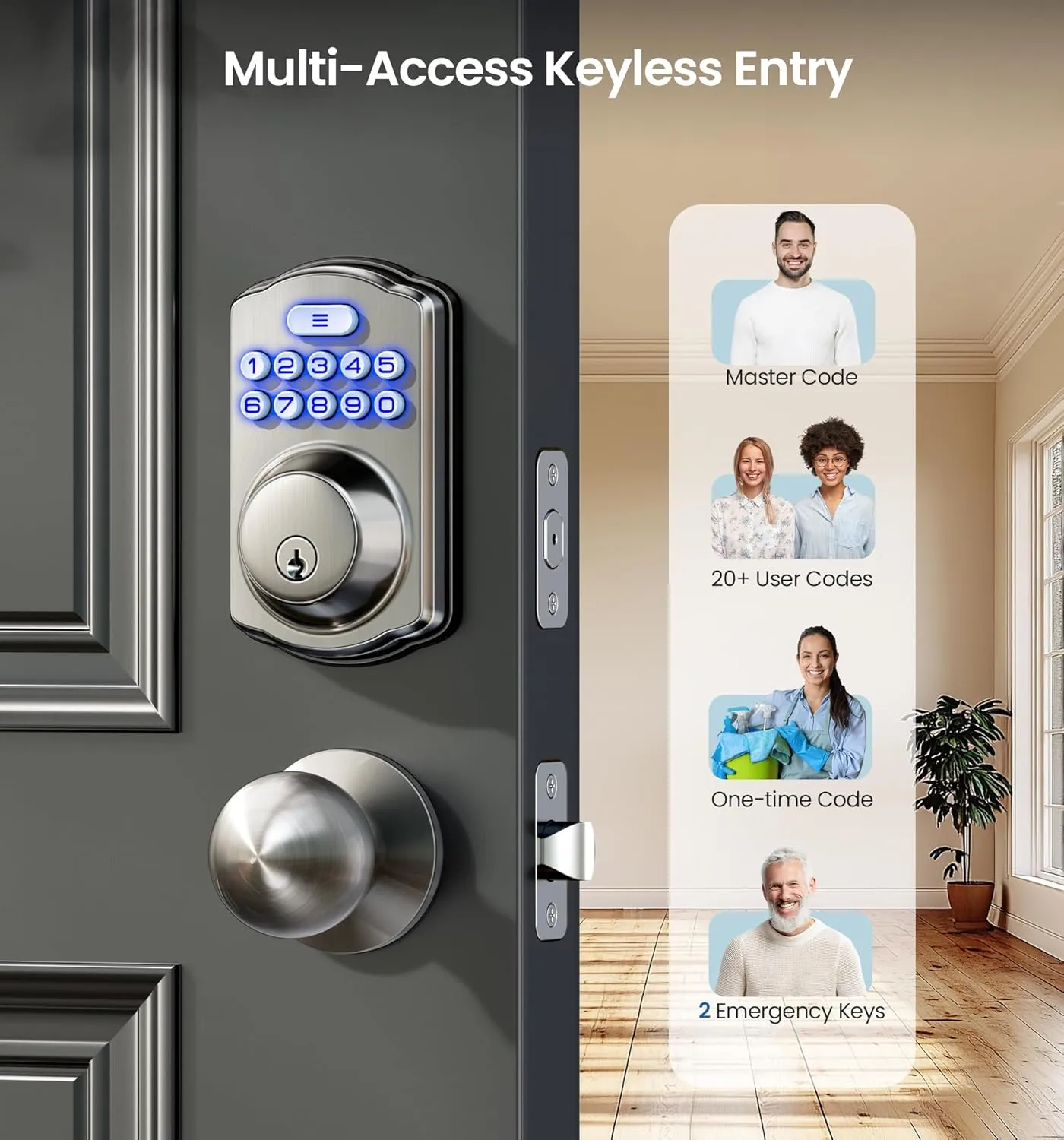 Veise Keyless Entry Door Lock with 2 Knobs, Electronic Backlit Keypad Deadbolt with Handle Set, Auto Lock, One-time Codes, Smart Deadbolt for Front Door, Easy Installation, Satin Nickel