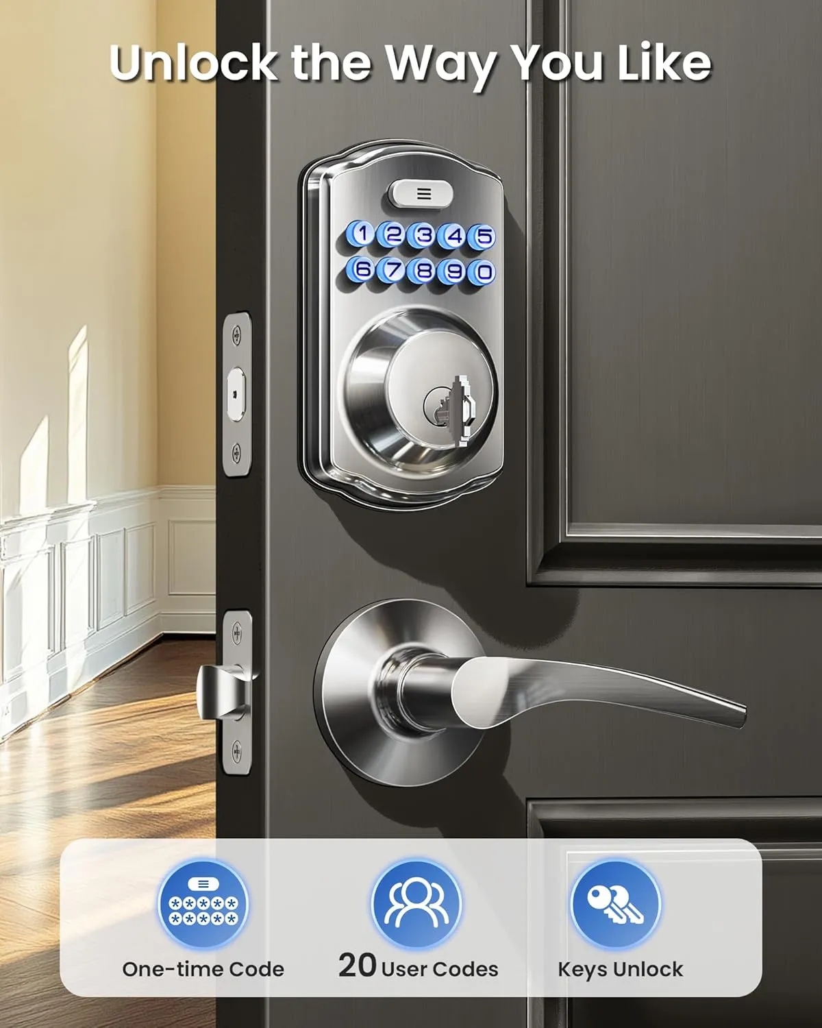 Veise Keyless Entry Door Lock with 2 Lever Handles - Electronic Keypad Deadbolt, Easy Installation Digital Smart Front Door Lock Set, Satin Nickel
