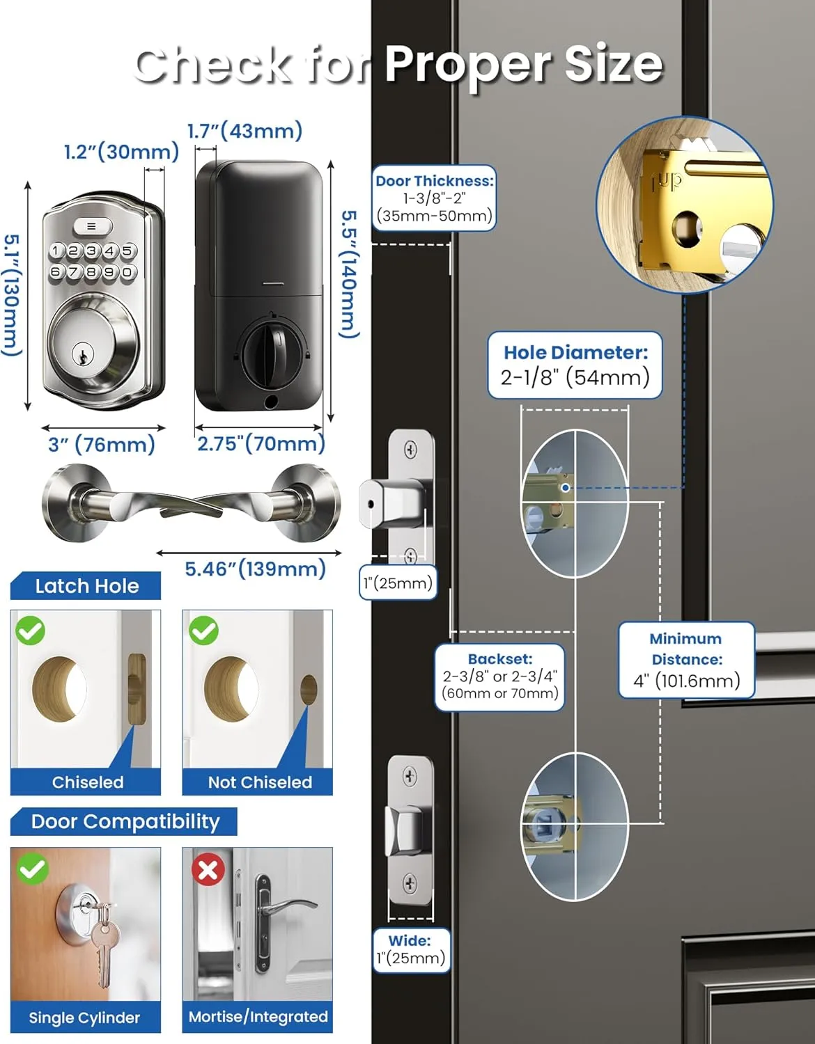 Veise Keyless Entry Door Lock with 2 Lever Handles - Electronic Keypad Deadbolt, Easy Installation Digital Smart Front Door Lock Set, Satin Nickel