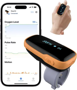 Vibeat Pulse Oximeter for 12 Hours Continuous Tracking, WearO2 Bluetooth Finger Oxygen Monitor, Notification of Low O2, Wearable Ring Blood Oxygen Meter, Free App & PDF Report