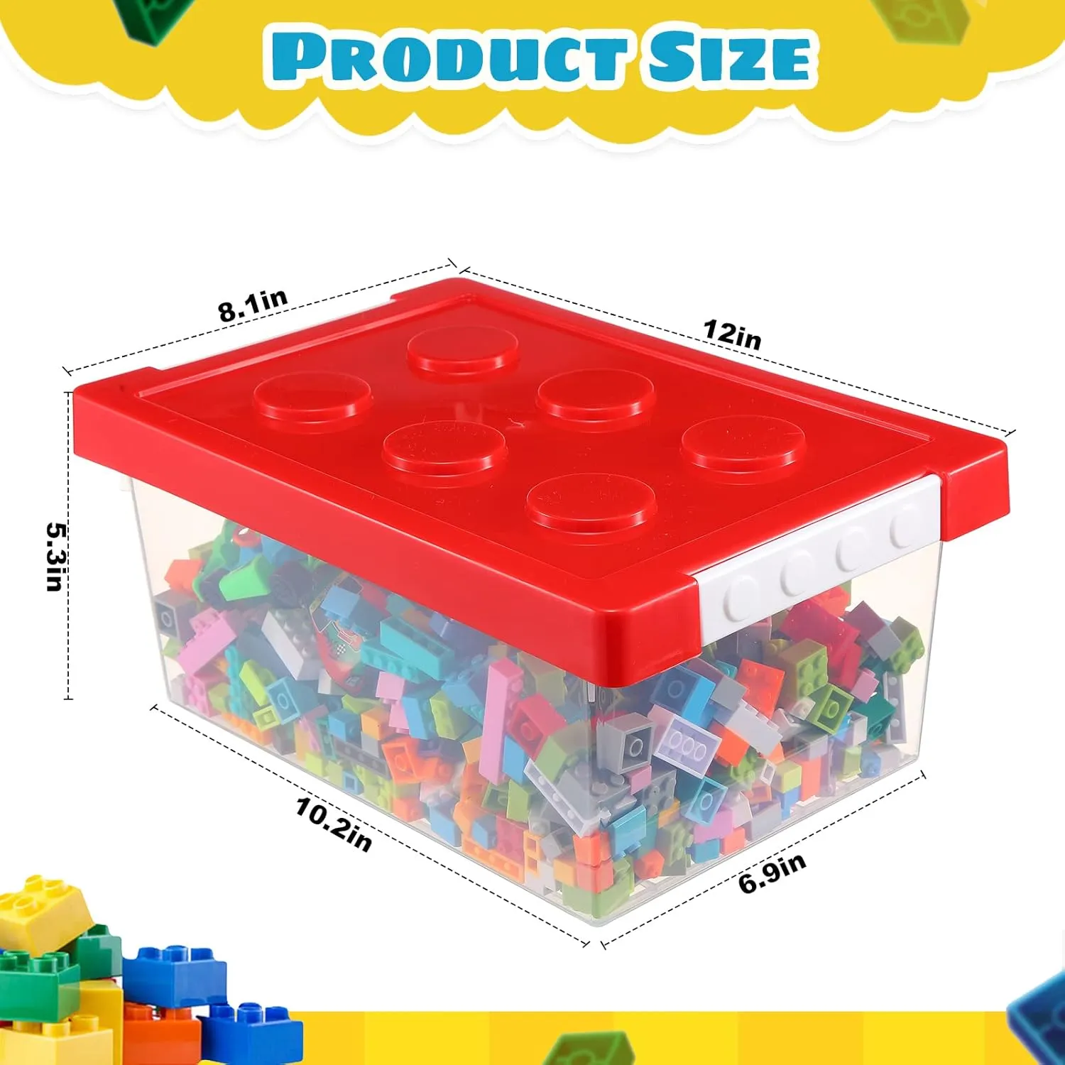 Vicenpal 4 Pack Toy Storage Containers with Lids Brick Shaped Kids Toy Organizer Box Plastic Clear Stackable Bin Chest for Building Block Dolls(Small,Red, Yellow, Blue, Green)