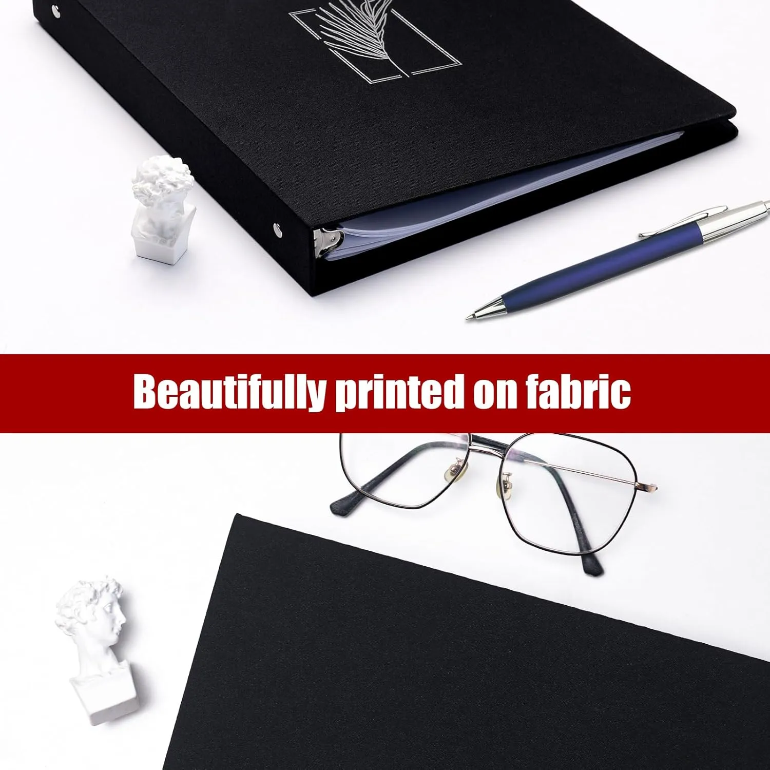 Vienrose 3 Ring Binder, 1 inch Round Rings Durable Linen Binder fit 8.5 x 11in Paper, with Leaf Printed for School, Office and Home, Black