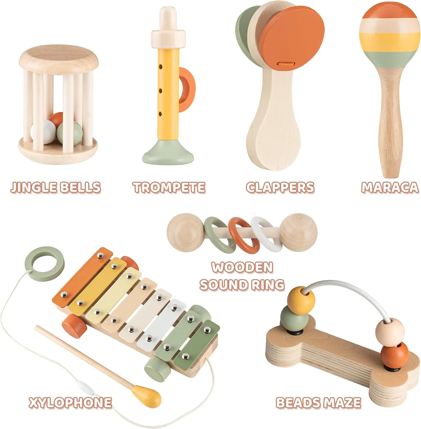 VINJOE Baby Musical Instruments-Toddler Montessori Wooden Musical Toys for Kids, Neutral Colors Percussion Instruments Set Early Learning Musical Toys for Preschool Educational Birthday Gifts