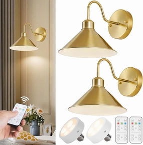 Vintage Gooseneck Wireless Battery Operated Wall Sconces Set of 2, Gold Cordless Battery Powered Led Wall Lamps Decor with Remote, Dimmable Indoor Beside Light Fixture for Bedroom Kitchen