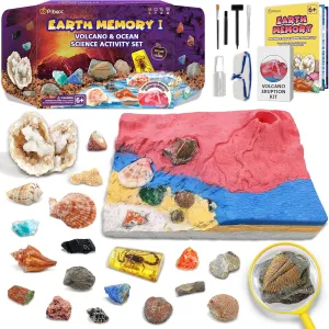 Volcano & Ocean Fossil Dig Kit, Dig up 20  Real Fossils, Rocks, Shells & Sea Snails with Eruption Experiments, Earth Science Geology Kit for Kids, STEM Toy Gift for Boys & Girls Age 6-8-12