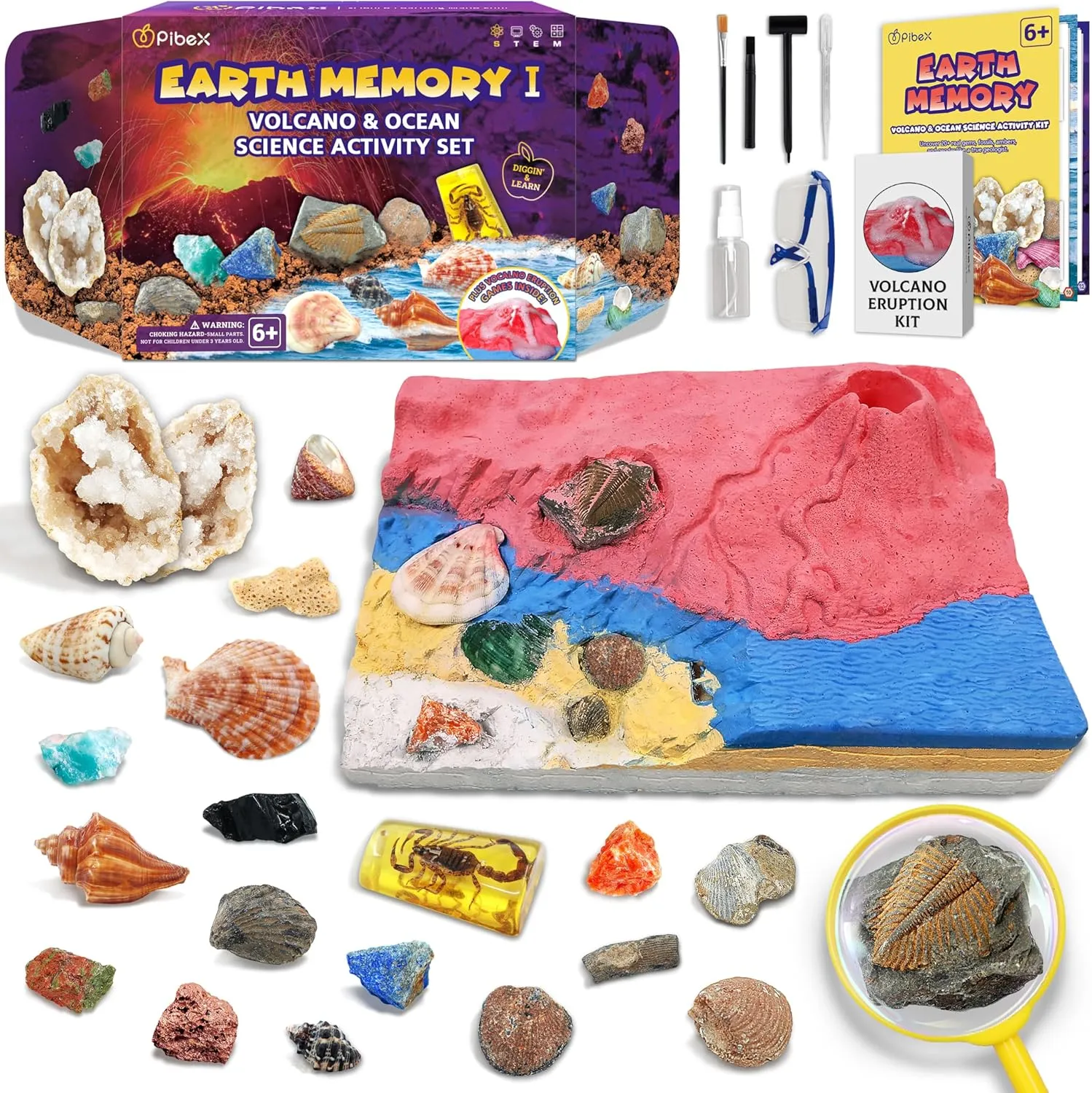 Volcano & Ocean Fossil Dig Kit, Dig up 20  Real Fossils, Rocks, Shells & Sea Snails with Eruption Experiments, Earth Science Geology Kit for Kids, STEM Toy Gift for Boys & Girls Age 6-8-12