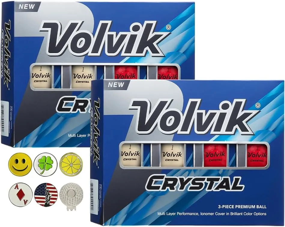 Volvik Crystal 3-Piece Premium Color Golf Balls 2 Dozen (Mixed Color 24 Balls) Bundle with 5 Ball Marker and 1 Magnet Hat Clip
