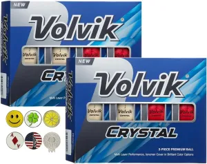 Volvik Crystal 3-Piece Premium Color Golf Balls 2 Dozen (Mixed Color 24 Balls) Bundle with 5 Ball Marker and 1 Magnet Hat Clip