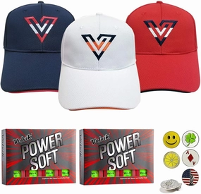 Volvik Power Soft Golf Balls, Gift Set Bundle with 2 Dozen Balls, 3 Color V-Logo Hats, 5 Ball Marker and 1 Magnet hat Clip