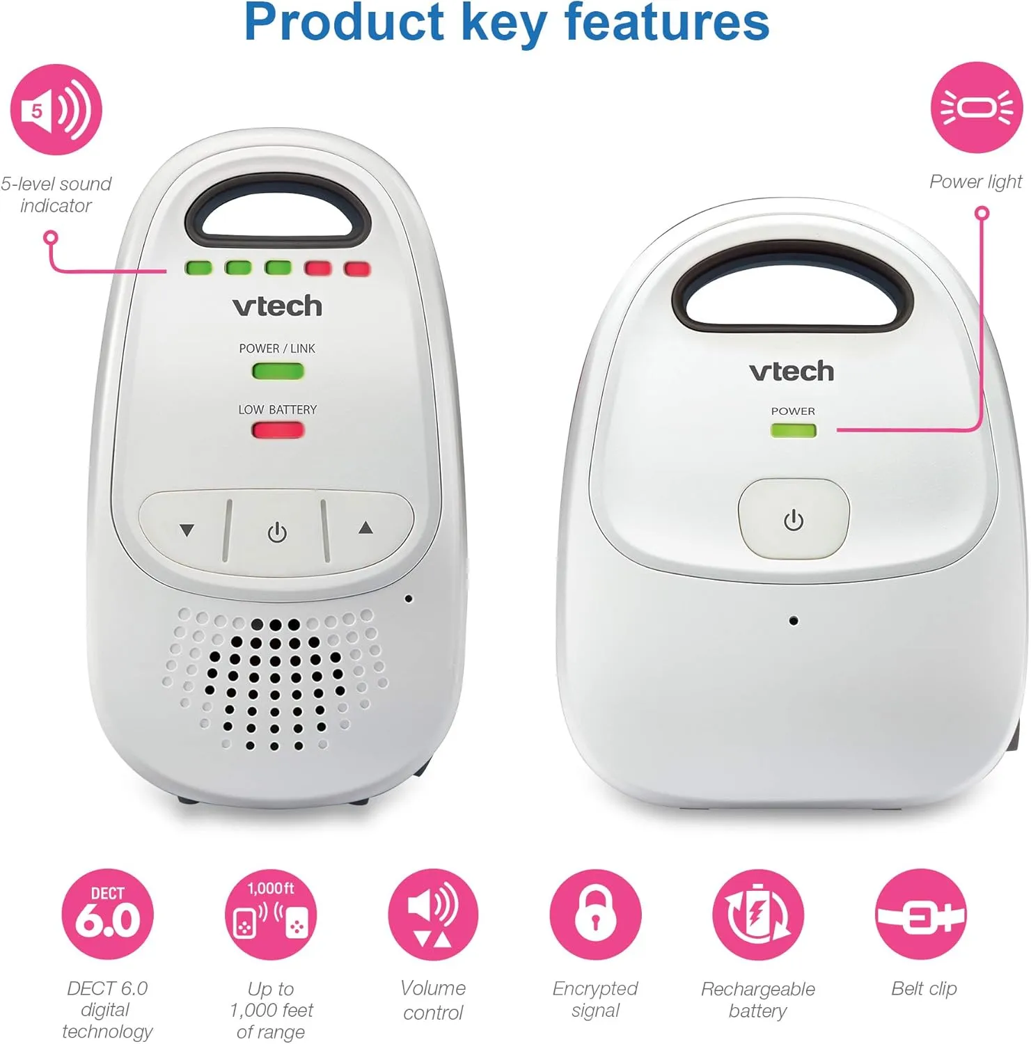 VTech Upgraded Baby Monitor with Rechargeable Battery, Long Range, Crystal-Clear Sound, and Alerts