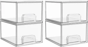 Vtopmart 4 Pack Clear Stackable Storage Drawers, 4.4'' Tall Acrylic Bathroom Makeup Organizer,Plastic Storage Bins For Vanity, Undersink, Kitchen Cabinets, Pantry, Home Organization