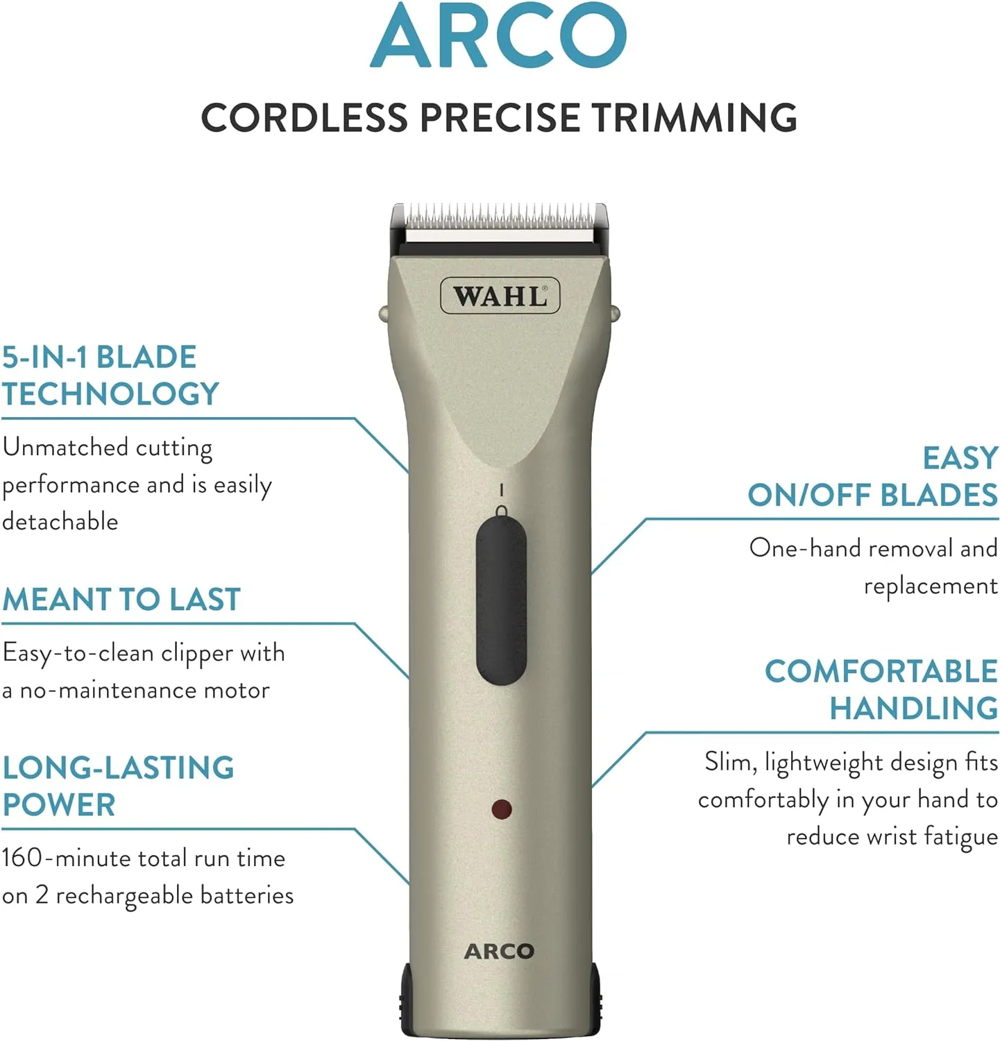 Wahl Professional Animal Arco Pet, Dog, Cat, and Horse Cordless Clipper Kit, Champagne (8786-452)