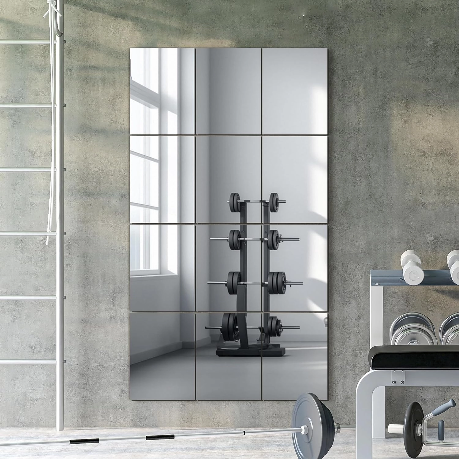 Wall Mirror Tiles, 16"x12"x12PCS Full Length Home Gym Mirror for Garage, Bedroom, Living Room, Over The Door