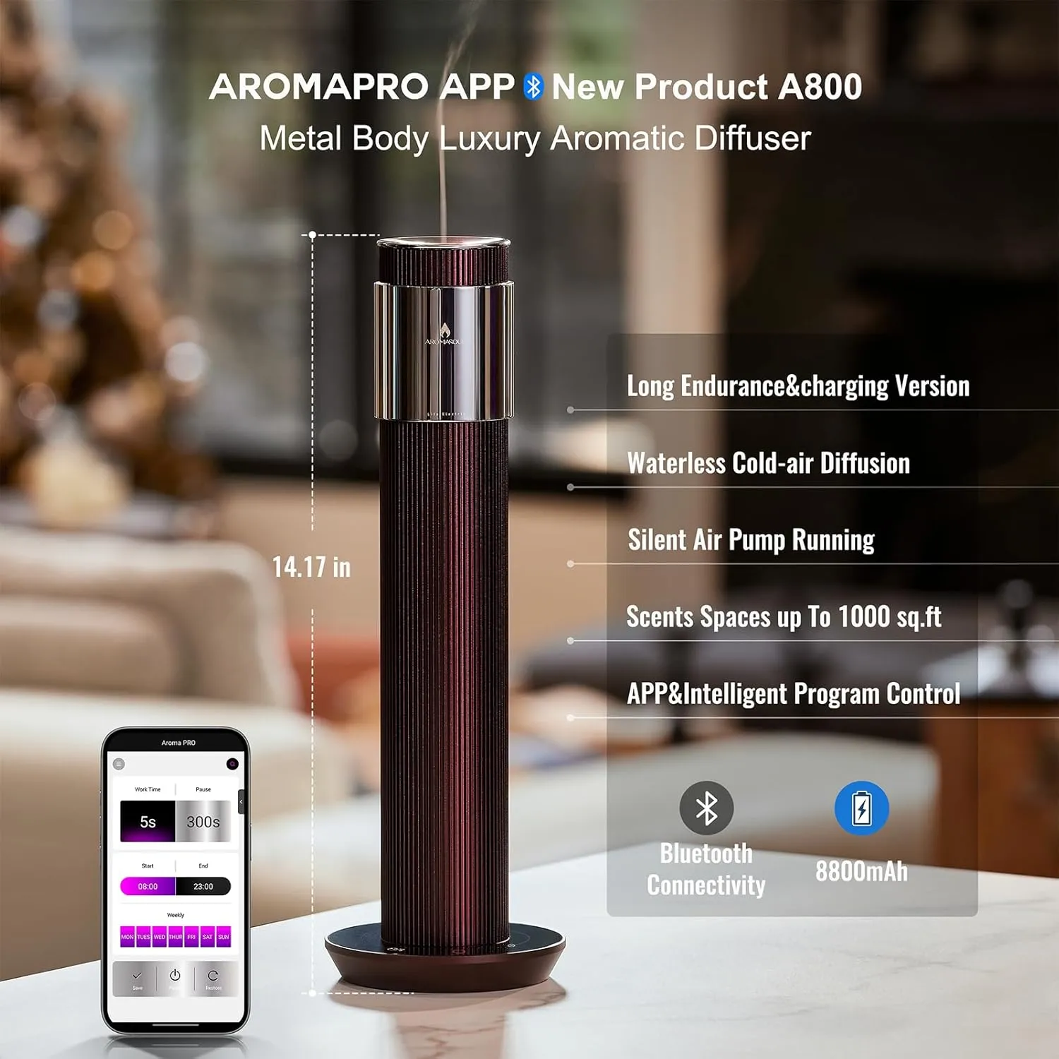 Waterless Scent Diffuser Starter Kit - 1000 Sq Ft. Coverage, Cordless Rechargeable Hotel Collection Diffuser, Included 120ml Fragrance Essential Oils,APP-Controlled, air diffusers for Home, Burgundy
