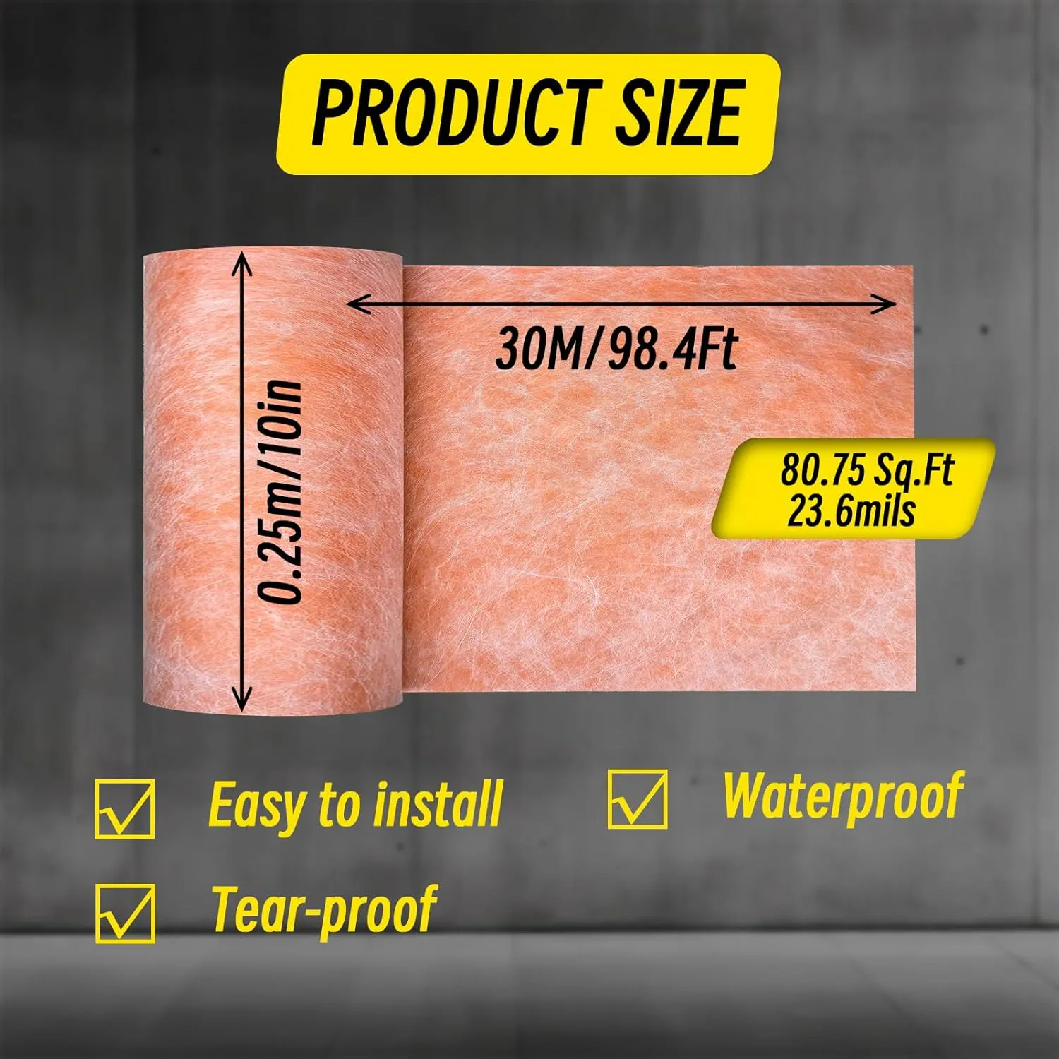 Waterproofing Membrane 9.8 in x 98.5 ft / 81 Sq Ft Waterproof Membrane for Shower 23.6mil Thickness Shower Waterproof Membrane for Sauna, Bathroom, Walls, Tile, Kitchen, Roof and Wet Areas