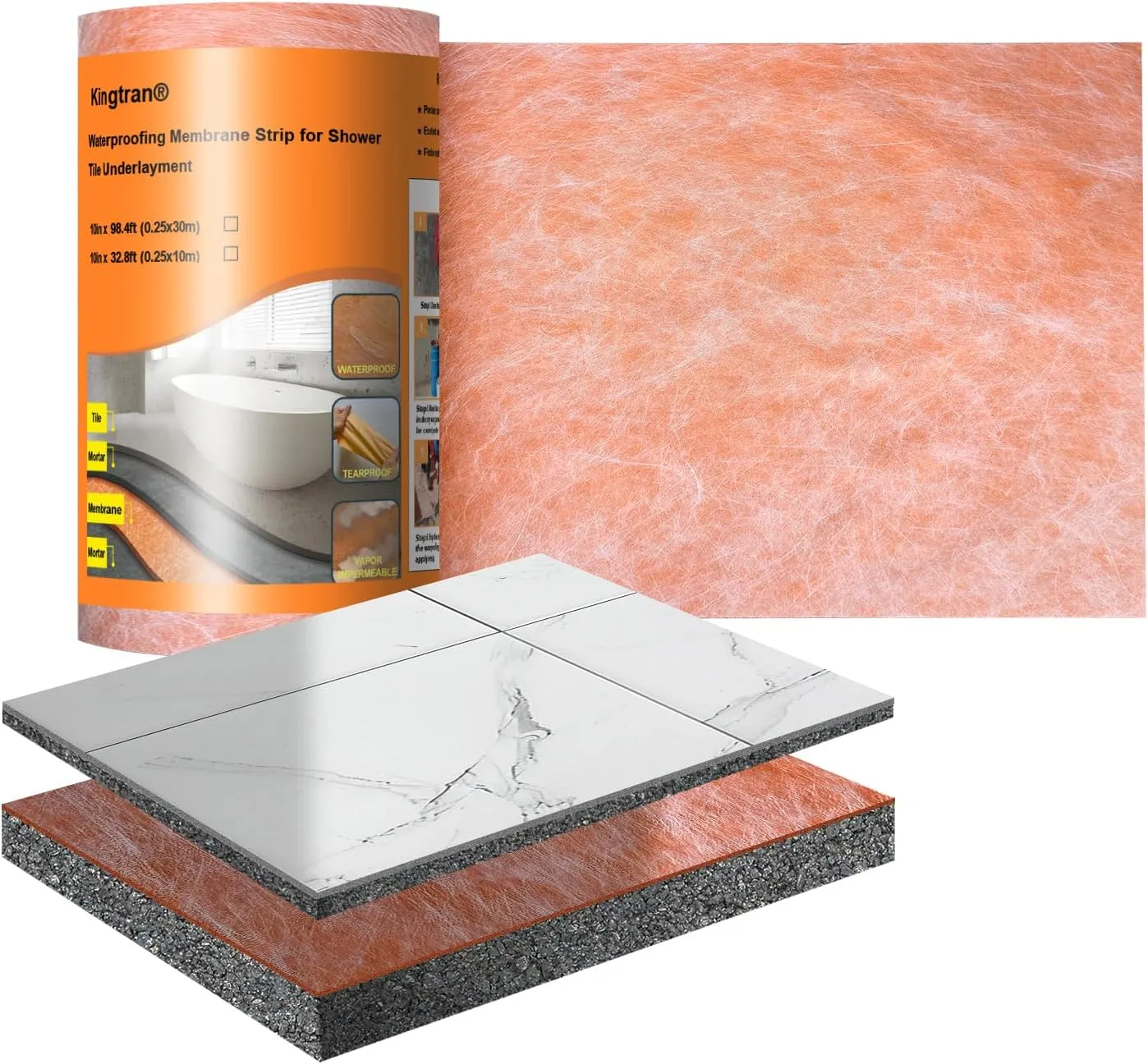 Waterproofing Membrane 9.8 in x 98.5 ft / 81 Sq Ft Waterproof Membrane for Shower 23.6mil Thickness Shower Waterproof Membrane for Sauna, Bathroom, Walls, Tile, Kitchen, Roof and Wet Areas