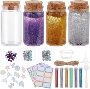 WEBEEDY 12 Sets Ocean Ornaments Potion Making Kit 1.3x2.76 Inch Small Glass Bottles Complete Magic Potion Kit with 6 Colors Sparkling Dust Crystal Beads Sticker Waxed Thread for Party Decor Gift