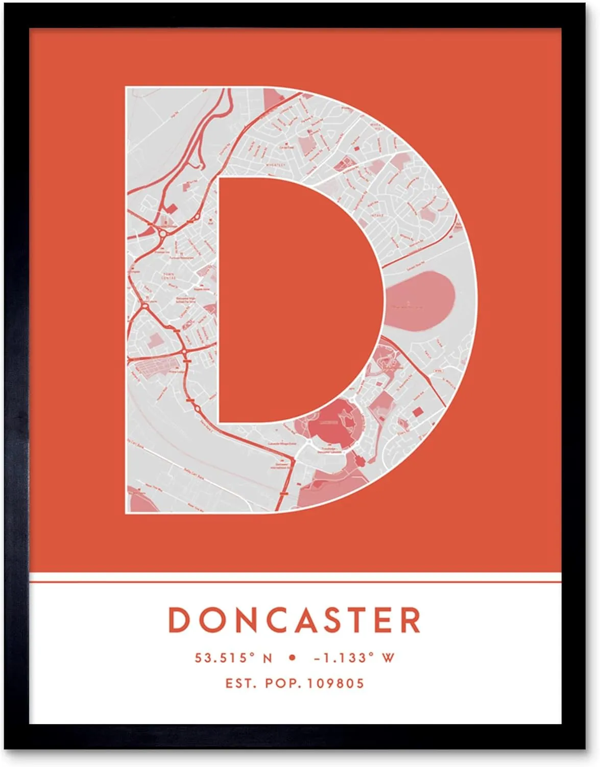 Wee Blue Coo Doncaster England United Kingdom City Map Orange Colour Block Modern Typography Stylish Letter Framed Word Wall Art Print Poster for Home Décor CITYMAP1